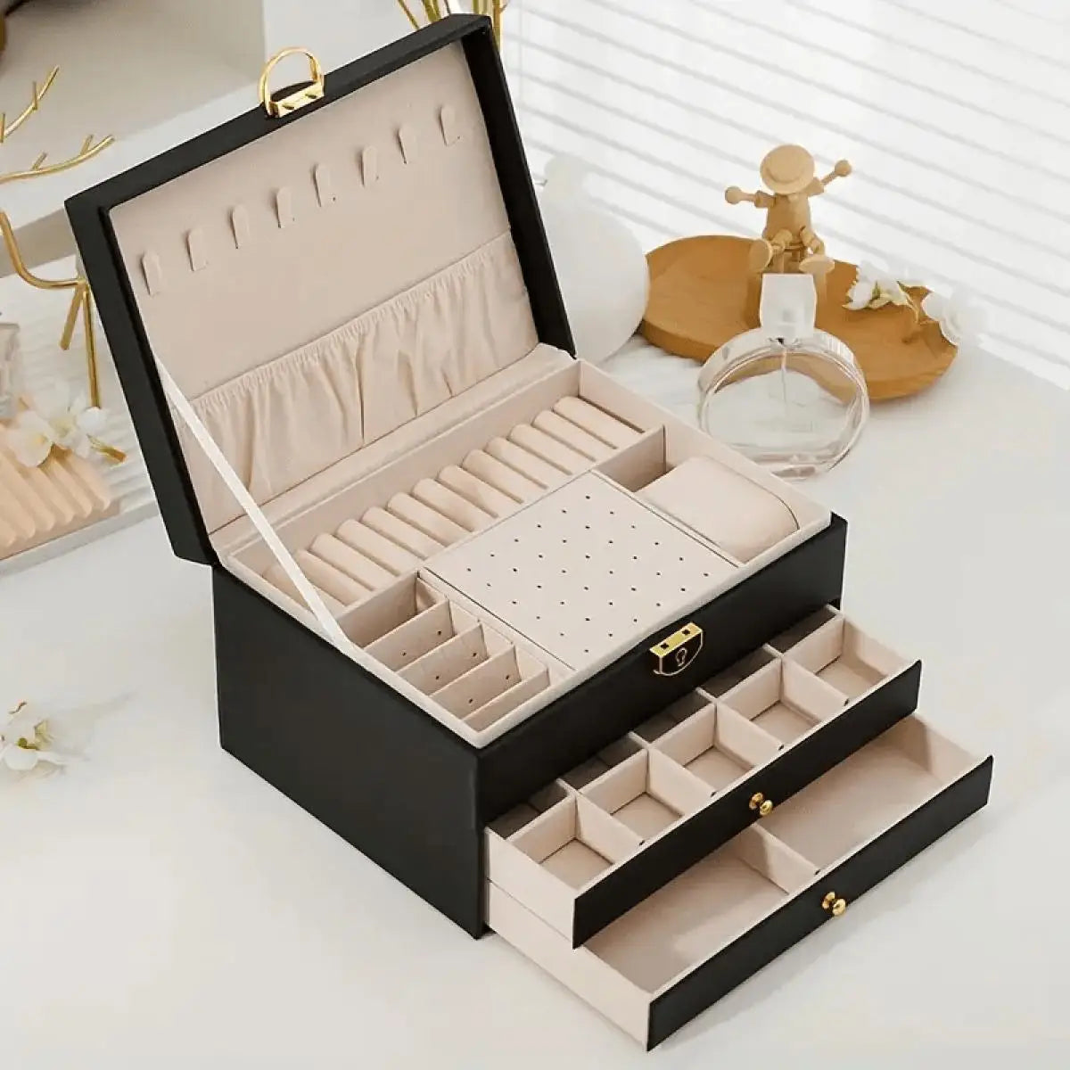1pc PU Leather Jewellery Box, Storage Boxes, Earring, Ring and Necklace Display Stand, Stylish Desktop Organiser, Aesthetic Home Décor, Suitable for Bedrooms and Living Rooms
