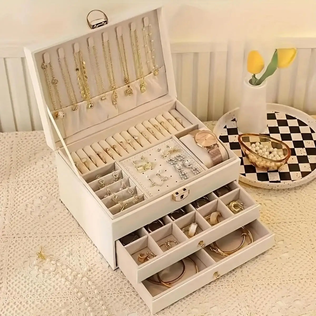 1pc PU Leather Jewellery Box, Storage Boxes, Earring, Ring and Necklace Display Stand, Stylish Desktop Organiser, Aesthetic Home Décor, Suitable for Bedrooms and Living Rooms
