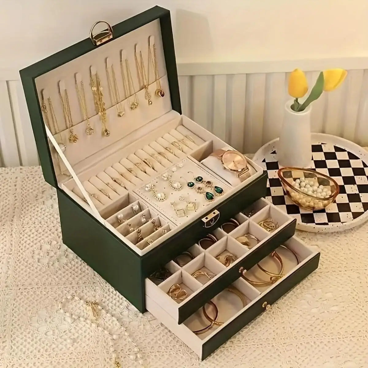 1pc PU Leather Jewellery Box, Storage Boxes, Earring, Ring and Necklace Display Stand, Stylish Desktop Organiser, Aesthetic Home Décor, Suitable for Bedrooms and Living Rooms