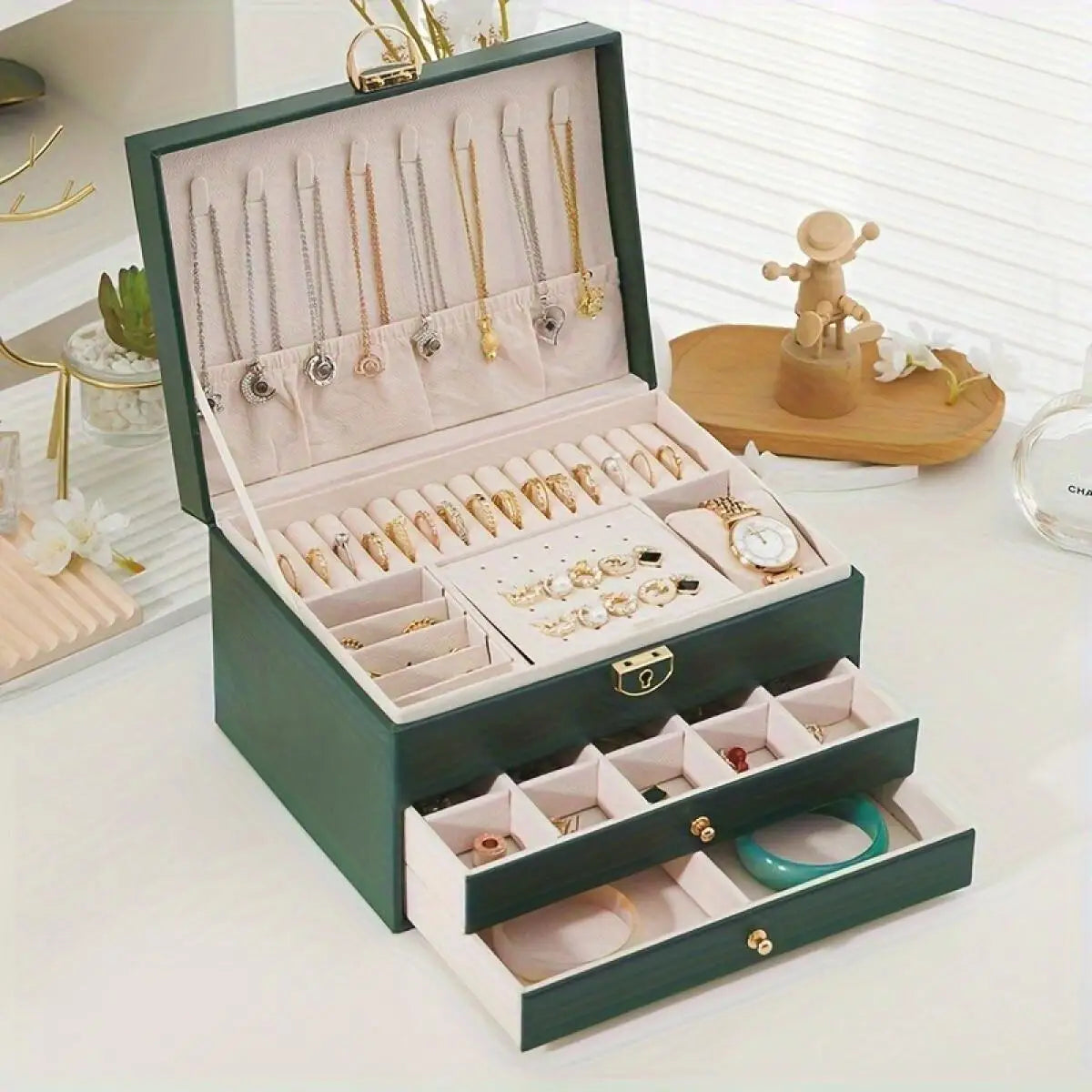1pc PU Leather Jewellery Box, Storage Boxes, Earring, Ring and Necklace Display Stand, Stylish Desktop Organiser, Aesthetic Home Décor, Suitable for Bedrooms and Living Rooms