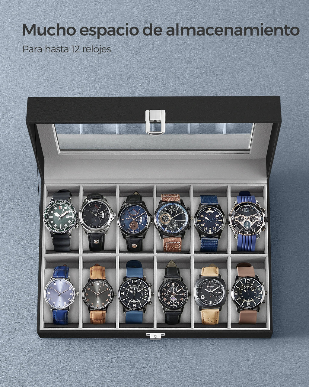 SONGMICS Watch Box with 12 Compartments, High-Quality PU Material, Soft Velvet Lining, Metal Closure, Transparent Glass Lid for Easy Access, Ideal for Watch Lovers and Storage Organization, Dimensions 20.2 x 30.2 x 7.8 cm.