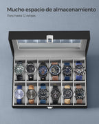 SONGMICS Watch Box with 12 Compartments, High-Quality PU Material, Soft Velvet Lining, Metal Closure, Transparent Glass Lid for Easy Access, Ideal for Watch Lovers and Storage Organization, Dimensions 20.2 x 30.2 x 7.8 cm.