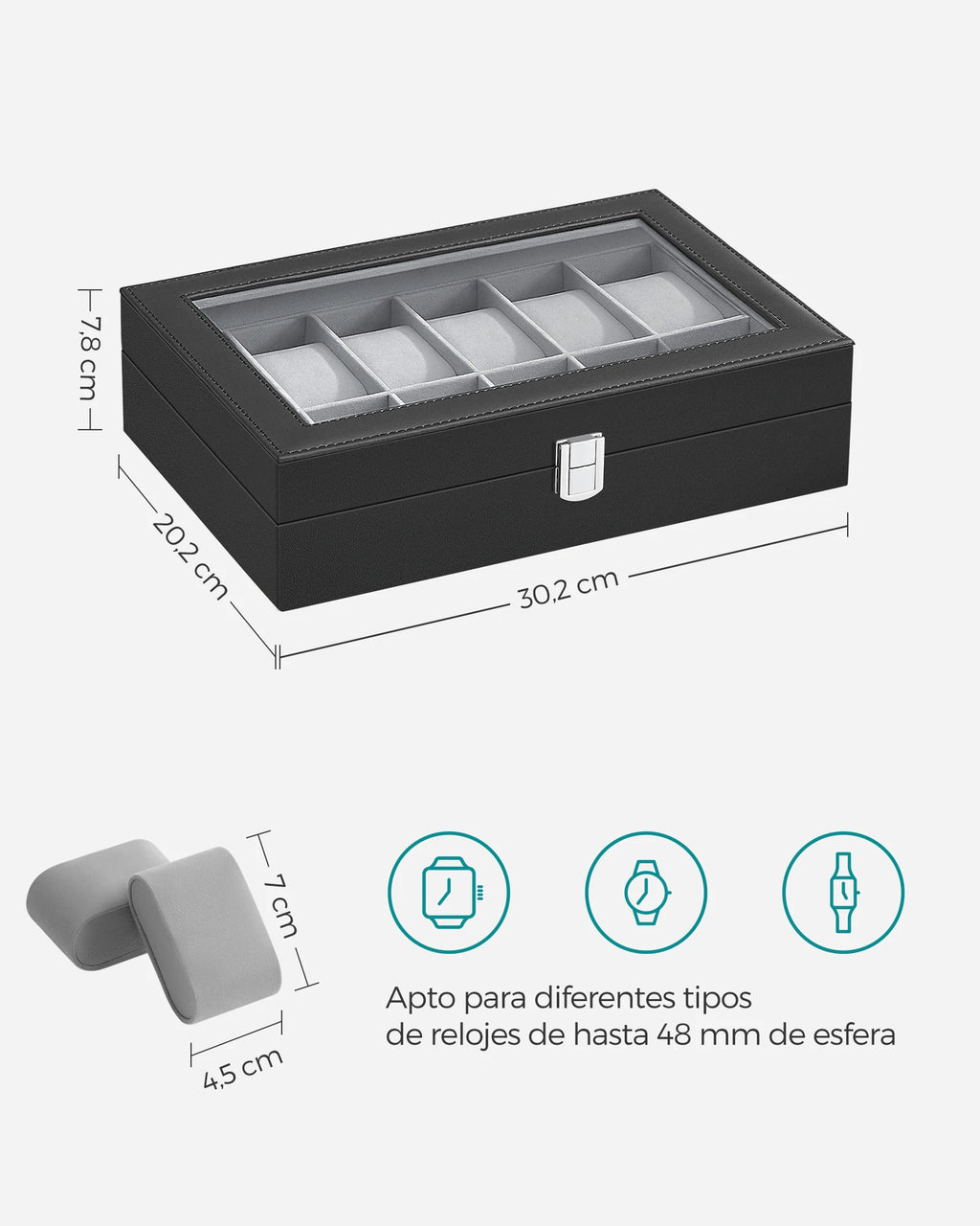 SONGMICS Watch Box with 12 Compartments, High-Quality PU Material, Soft Velvet Lining, Metal Closure, Transparent Glass Lid for Easy Access, Ideal for Watch Lovers and Storage Organization, Dimensions 20.2 x 30.2 x 7.8 cm.