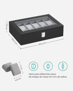SONGMICS Watch Box with 12 Compartments, High-Quality PU Material, Soft Velvet Lining, Metal Closure, Transparent Glass Lid for Easy Access, Ideal for Watch Lovers and Storage Organization, Dimensions 20.2 x 30.2 x 7.8 cm.