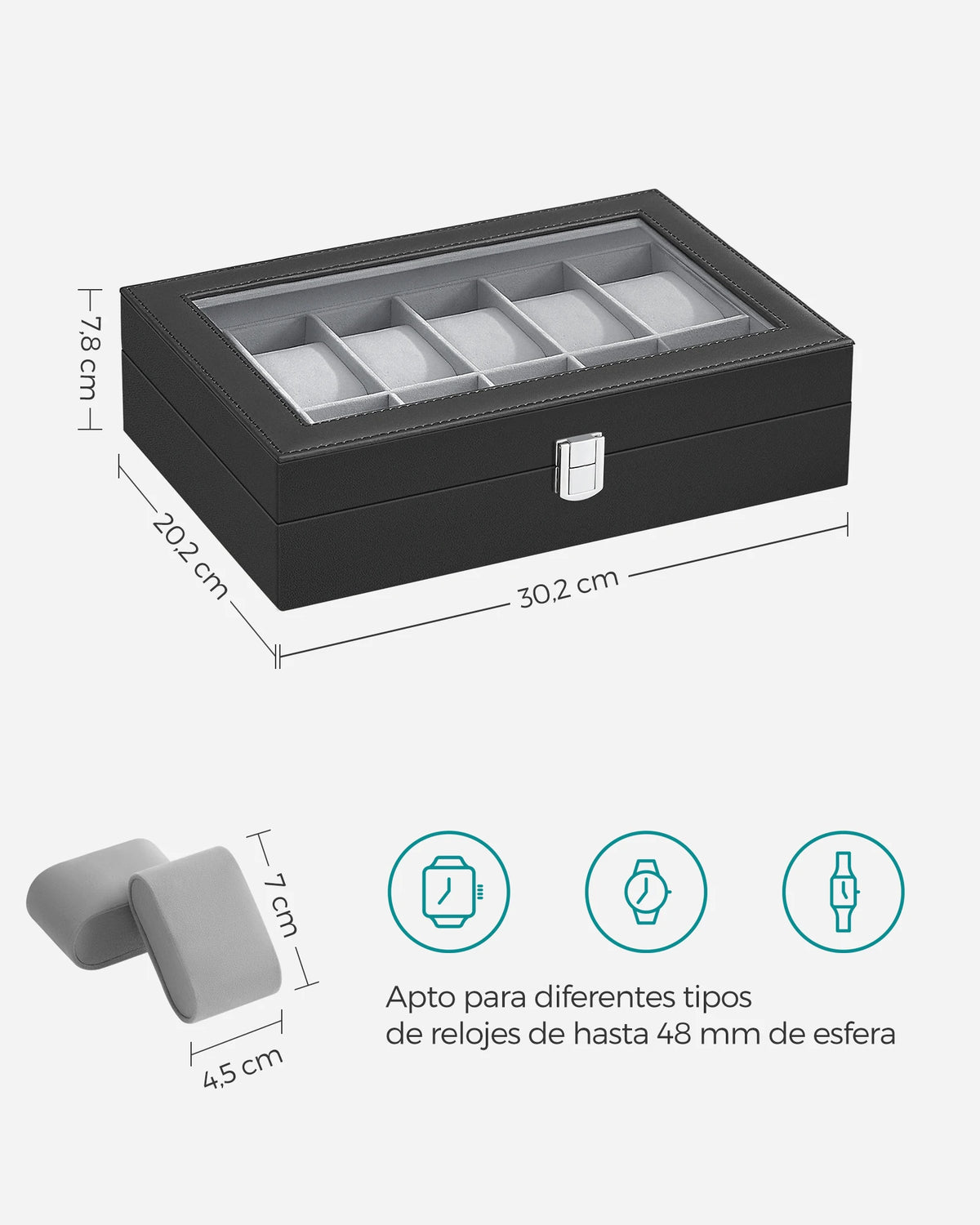 SONGMICS Watch Box with 12 Compartments, High-Quality PU Material, Soft Velvet Lining, Metal Closure, Transparent Glass Lid for Easy Access, Ideal for Watch Lovers and Storage Organization, Dimensions 20.2 x 30.2 x 7.8 cm.