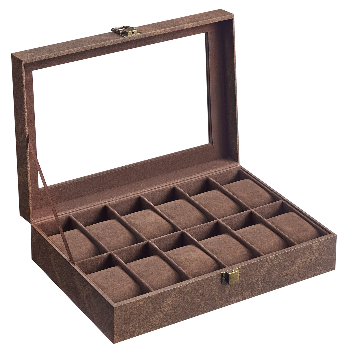 SONGMICS Watch Box with 12 Compartments, High-Quality PU Material, Soft Velvet Lining, Metal Closure, Transparent Glass Lid for Easy Access, Ideal for Watch Lovers and Storage Organization, Dimensions 20.2 x 30.2 x 7.8 cm.