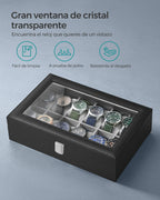 SONGMICS Watch Box with 12 Compartments, High-Quality PU Material, Soft Velvet Lining, Metal Closure, Transparent Glass Lid for Easy Access, Ideal for Watch Lovers and Storage Organization, Dimensions 20.2 x 30.2 x 7.8 cm.