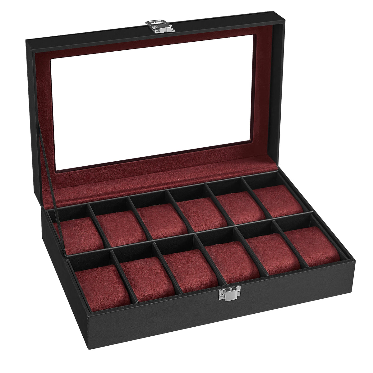 SONGMICS Watch Box with 12 Compartments, High-Quality PU Material, Soft Velvet Lining, Metal Closure, Transparent Glass Lid for Easy Access, Ideal for Watch Lovers and Storage Organization, Dimensions 20.2 x 30.2 x 7.8 cm.