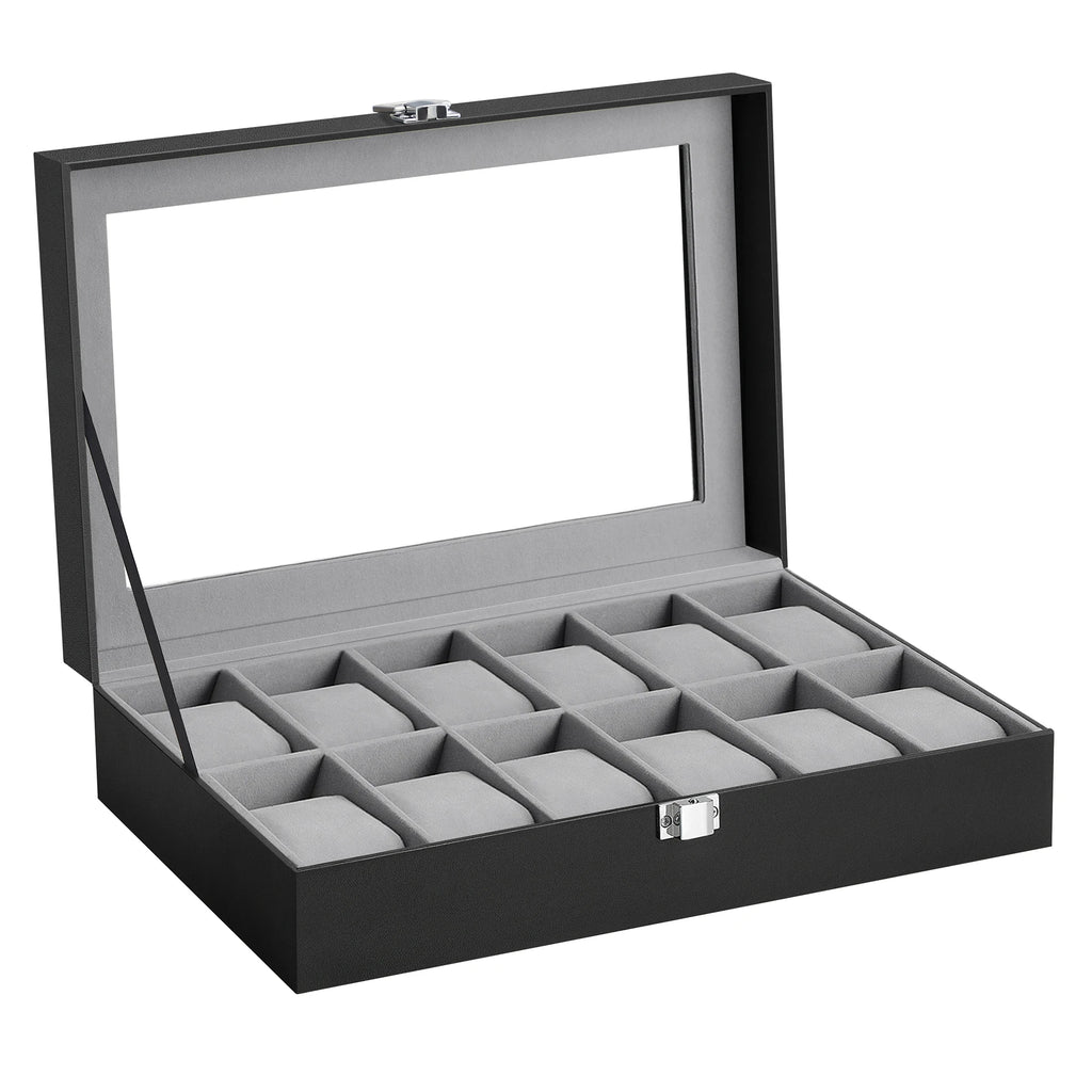 SONGMICS Watch Box with 12 Compartments, High-Quality PU Material, Soft Velvet Lining, Metal Closure, Transparent Glass Lid for Easy Access, Ideal for Watch Lovers and Storage Organization, Dimensions 20.2 x 30.2 x 7.8 cm.