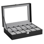 SONGMICS Watch Box with 12 Compartments, High-Quality PU Material, Soft Velvet Lining, Metal Closure, Transparent Glass Lid for Easy Access, Ideal for Watch Lovers and Storage Organization, Dimensions 20.2 x 30.2 x 7.8 cm.