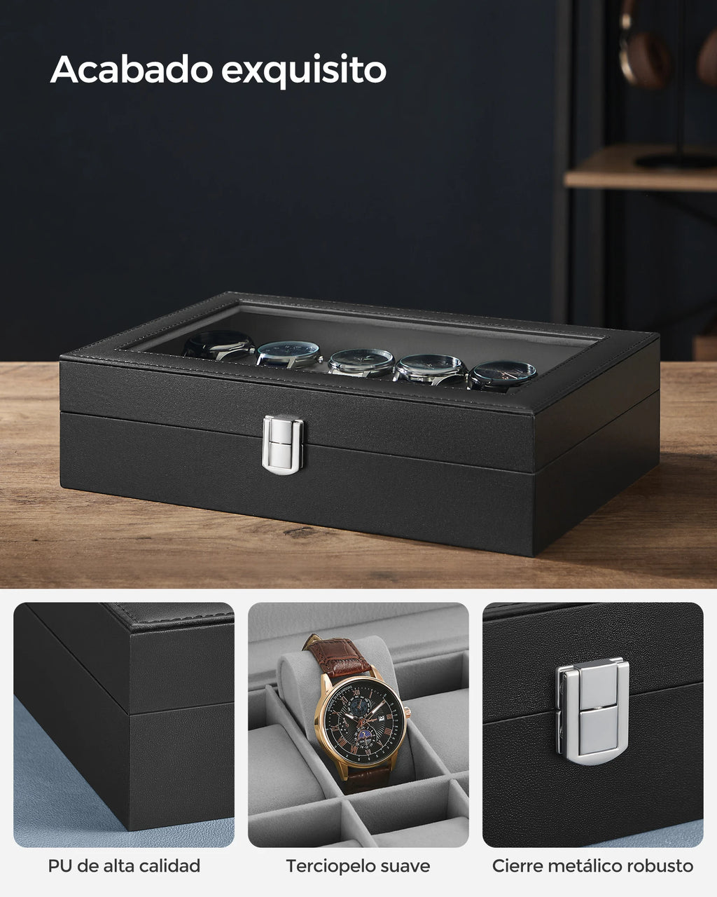 SONGMICS Watch Box with 12 Compartments, High-Quality PU Material, Soft Velvet Lining, Metal Closure, Transparent Glass Lid for Easy Access, Ideal for Watch Lovers and Storage Organization, Dimensions 20.2 x 30.2 x 7.8 cm.