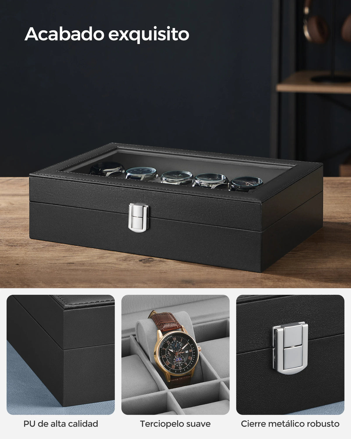 SONGMICS Watch Box with 12 Compartments, High-Quality PU Material, Soft Velvet Lining, Metal Closure, Transparent Glass Lid for Easy Access, Ideal for Watch Lovers and Storage Organization, Dimensions 20.2 x 30.2 x 7.8 cm.