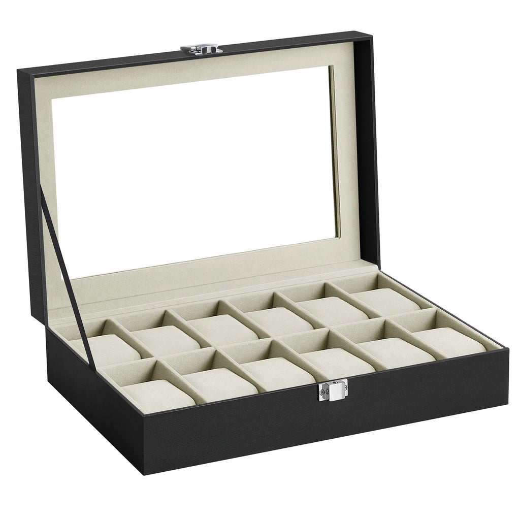 SONGMICS Watch Box with 12 Compartments, High-Quality PU Material, Soft Velvet Lining, Metal Closure, Transparent Glass Lid for Easy Access, Ideal for Watch Lovers and Storage Organization, Dimensions 20.2 x 30.2 x 7.8 cm.