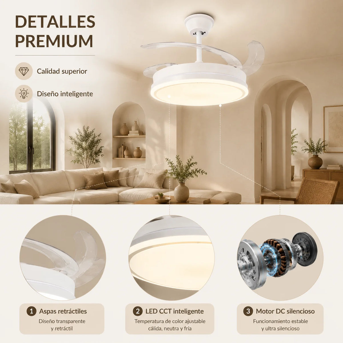Retractable Ceiling Fan with Integrated Led Light, Silent Dc Motor and Remote Control, 6 Speeds with Dimmable Cct Lighting for Living Room, Bedroom, Dining Room, Modern 2-in-1 Energy-Efficient Fan with Elegant Design