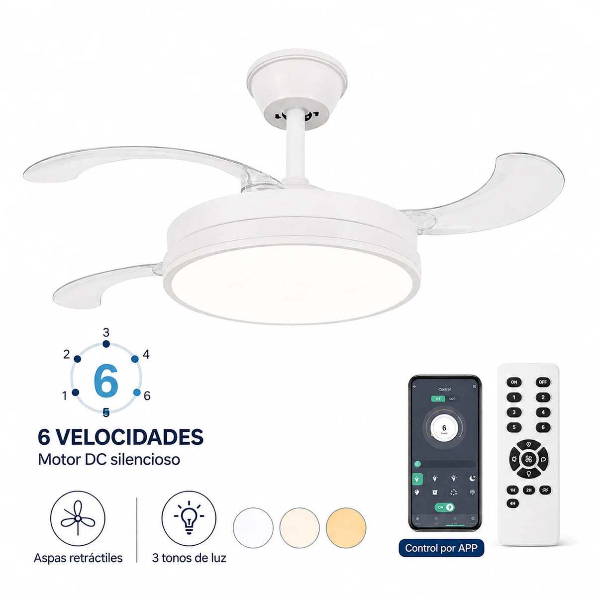 Retractable Ceiling Fan with Integrated Led Light, Silent Dc Motor and Remote Control, 6 Speeds with Dimmable Cct Lighting for Living Room, Bedroom, Dining Room, Modern 2-in-1 Energy-Efficient Fan with Elegant Design