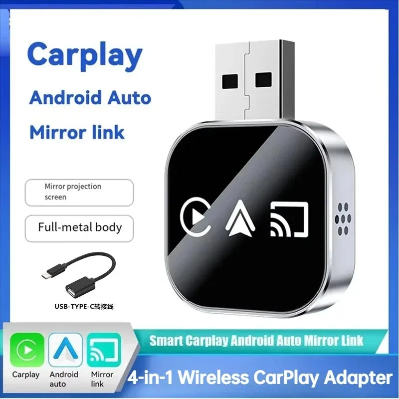 2026 Newly Upgraded Version Screen Mirroring 4-in-1 CarPlay Adapter Bluetooth Wireless Smart Plug-and-Play Car Adapter
