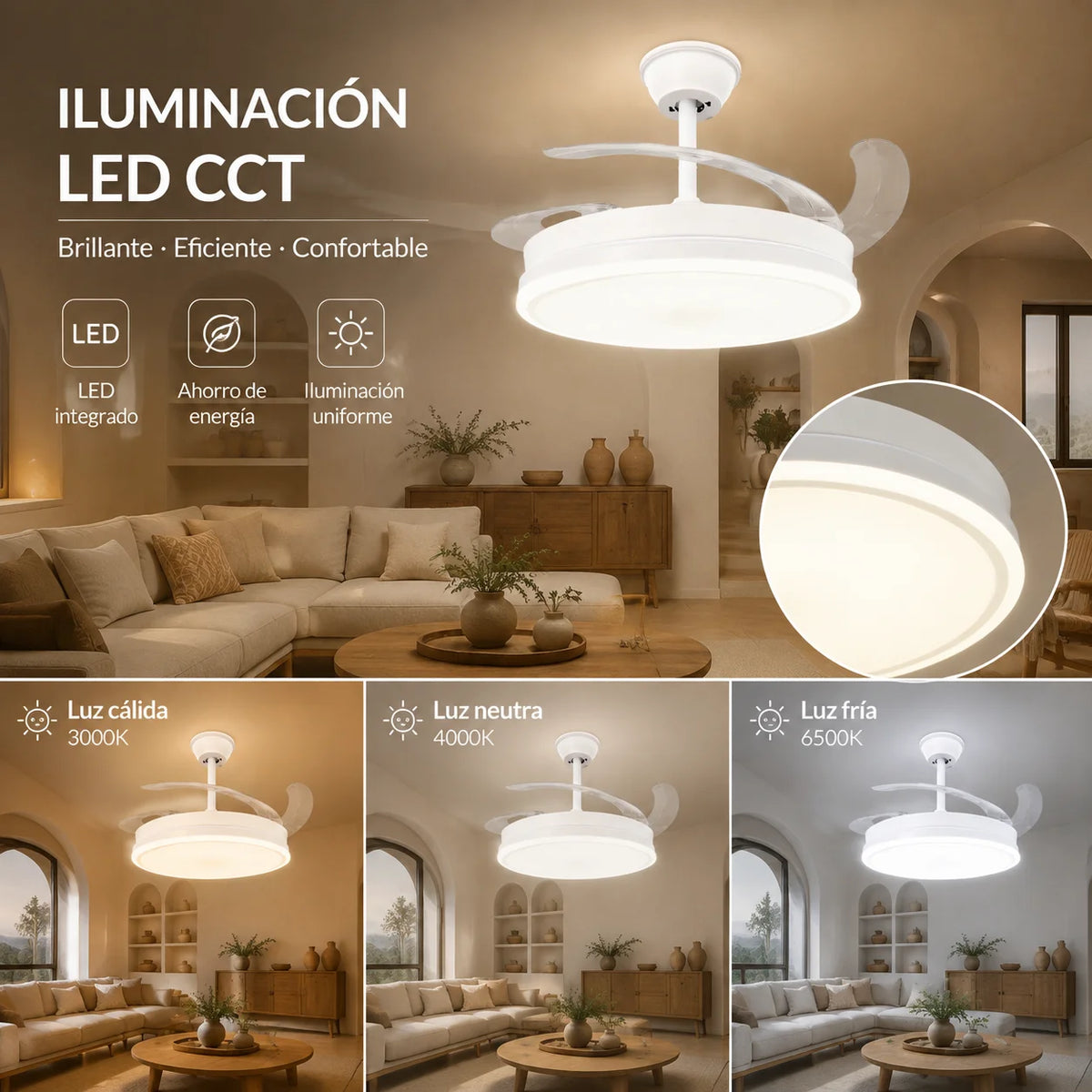 Retractable Ceiling Fan with Integrated Led Light, Silent Dc Motor and Remote Control, 6 Speeds with Dimmable Cct Lighting for Living Room, Bedroom, Dining Room, Modern 2-in-1 Energy-Efficient Fan with Elegant Design
